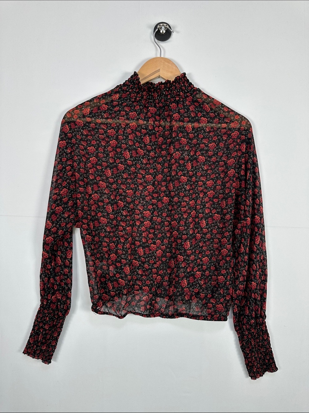 Dynamite Sheer Floral Blouse Black Red High Neck Long Sleeve Size S Whimsigoth - Picture 6 of 6